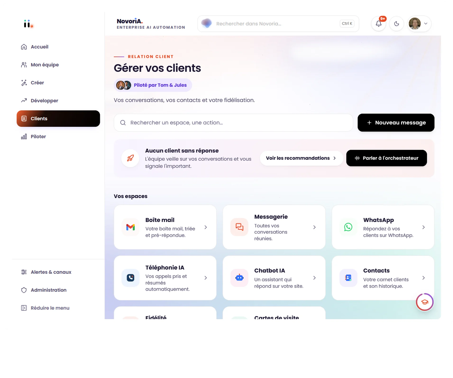 L’espace Clients de Novoria : boîte mail, messagerie, WhatsApp, téléphonie et fidélité réunis sur un écran